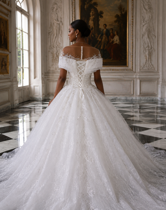 Ivory Lace+tulle Ball Gown Wedding Dress with One Shoulder - back view