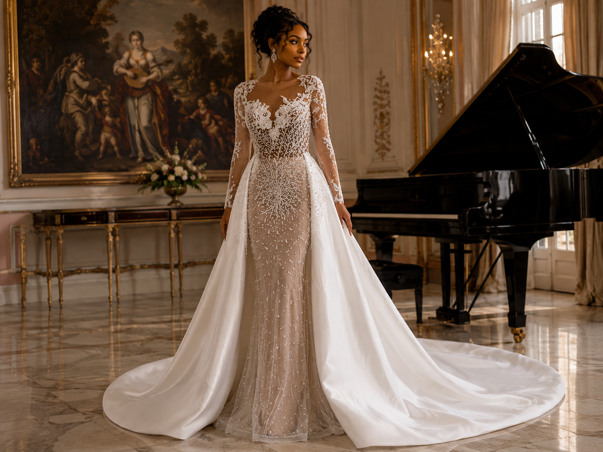 Ivory Tulle +lace Mermaid Wedding Dress with V Neckline - front view