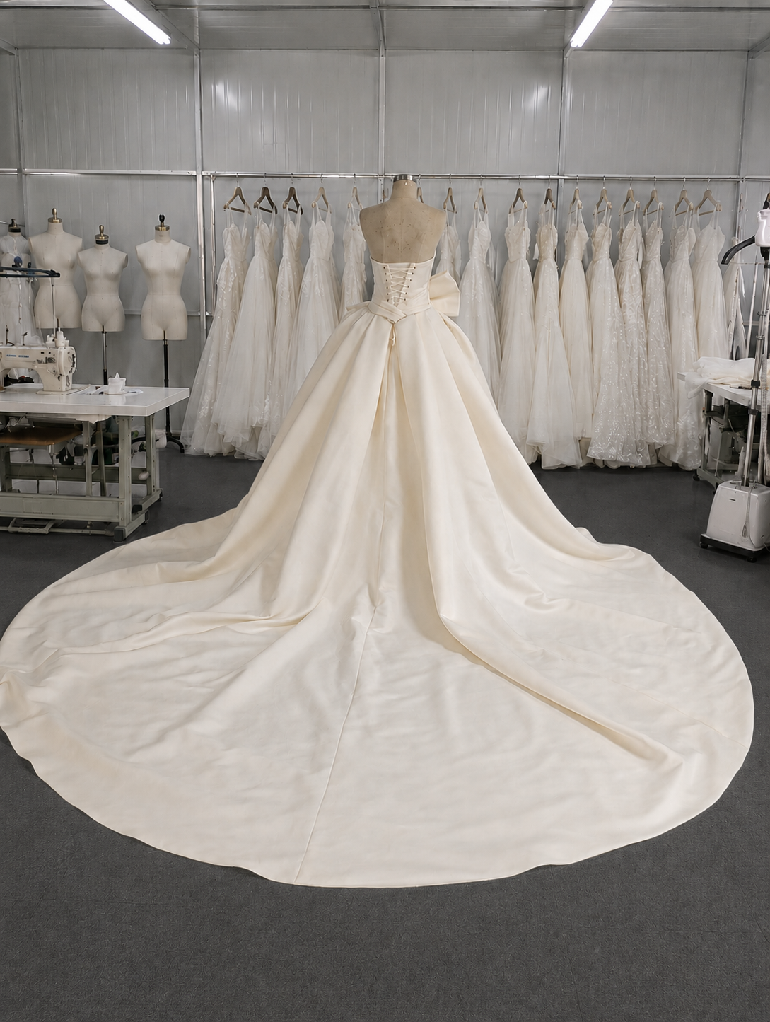 Ivory Satin A-Line Wedding Dress with LOW CUT - detail view