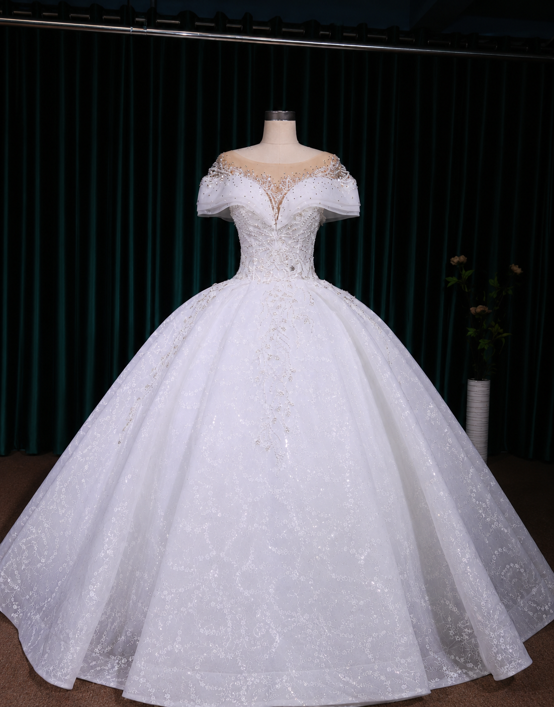 Ivory Lace+tulle Ball Gown Wedding Dress with One Shoulder - additional view