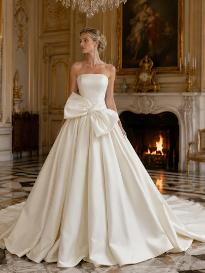 Ivory Satin A-Line Wedding Dress with LOW CUT - front view