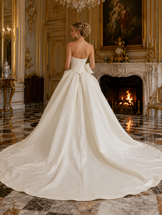 Ivory Satin A-Line Wedding Dress with LOW CUT - back view