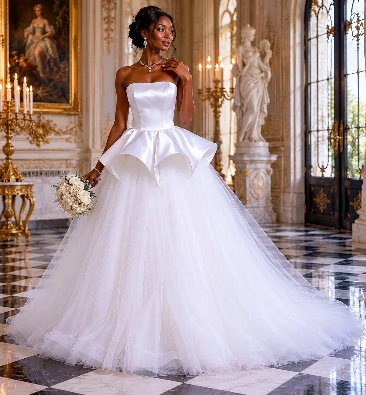 Ivory Satin+tulle Ball Gown Wedding Dress with One Shoulder - front view