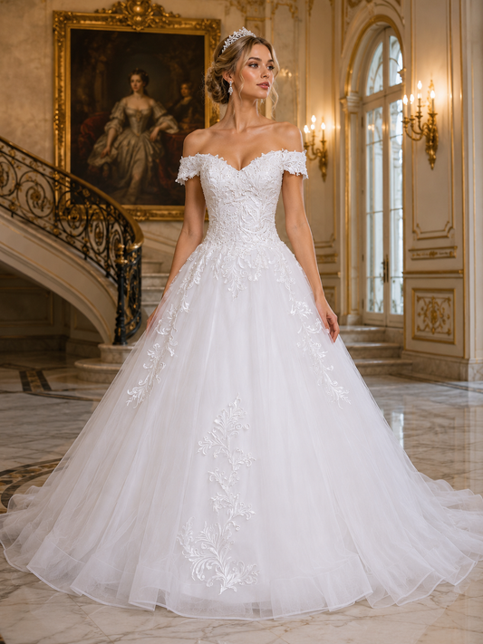 Ivory Tulle+lace a Line Wedding Dress with One Shoulder - front view