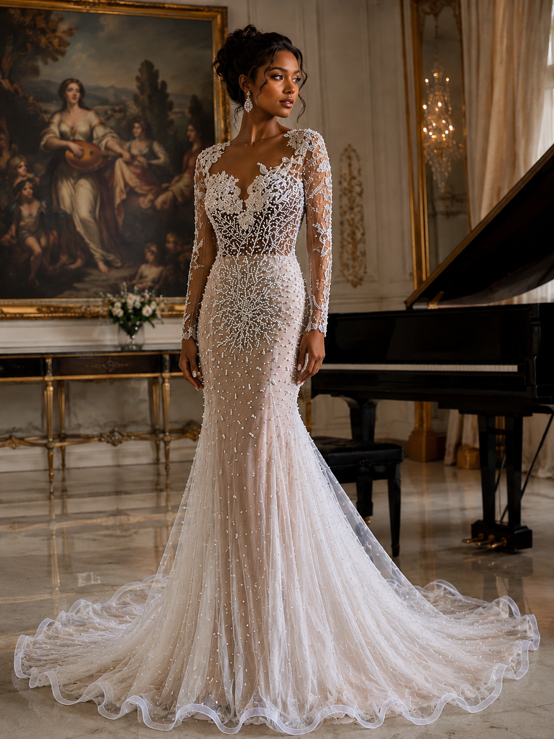 Ivory Tulle +lace Mermaid Wedding Dress with V Neckline - front view