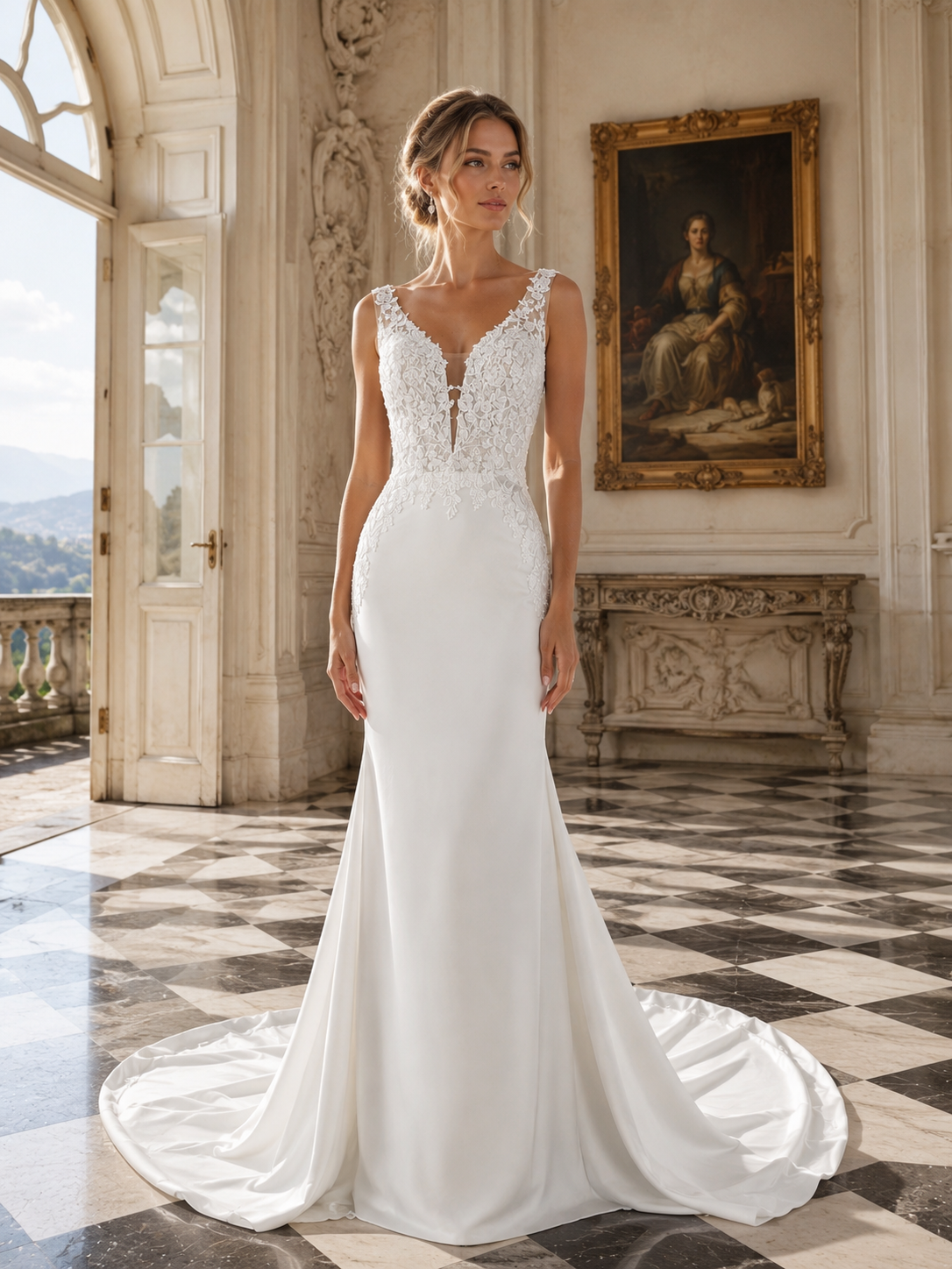 Ivory Satin Mermaid Silshousette Wedding Dress with V Neck Line - front view