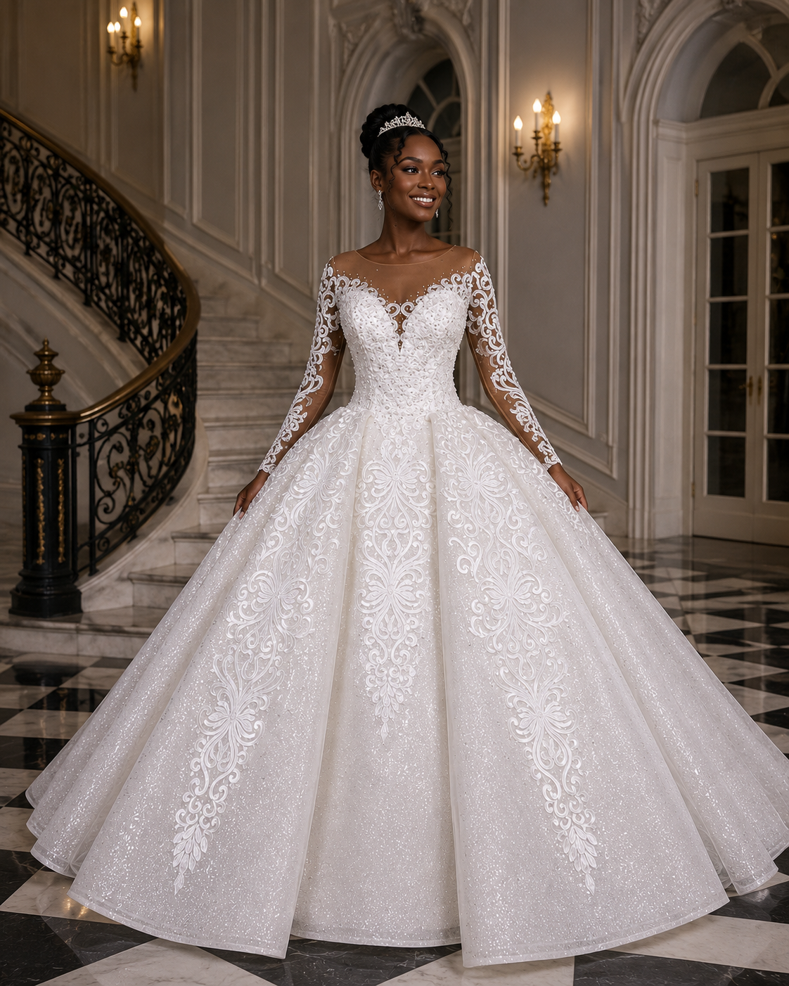 Ivory Lace+tulle Ball Gown Wedding Dress with One Shoulder - front view