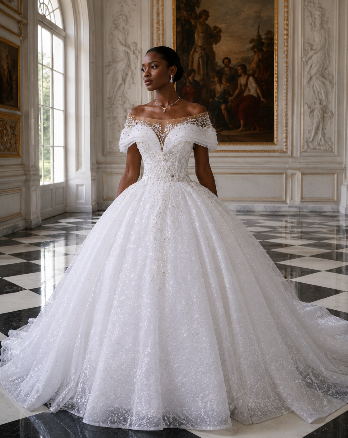 Ivory Lace+tulle Ball Gown Wedding Dress with One Shoulder - front view