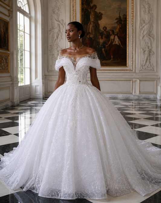 Ivory Lace+tulle Ball Gown Wedding Dress with One Shoulder - front view