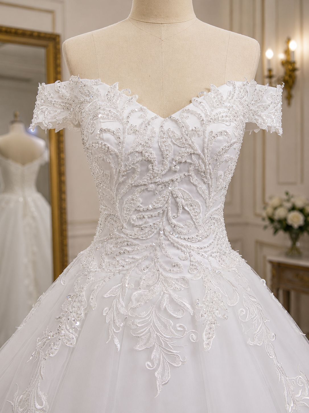 Ivory Tulle+lace a Line Wedding Dress with One Shoulder - detail view