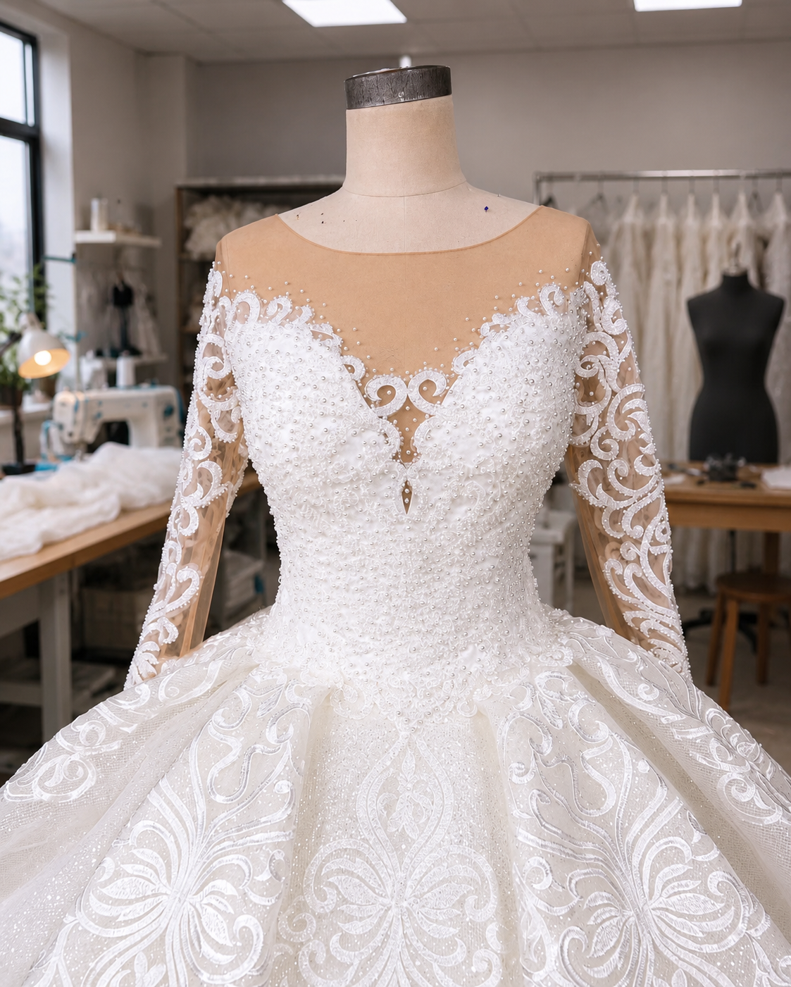 Ivory Lace+tulle Ball Gown Wedding Dress with One Shoulder - detail view