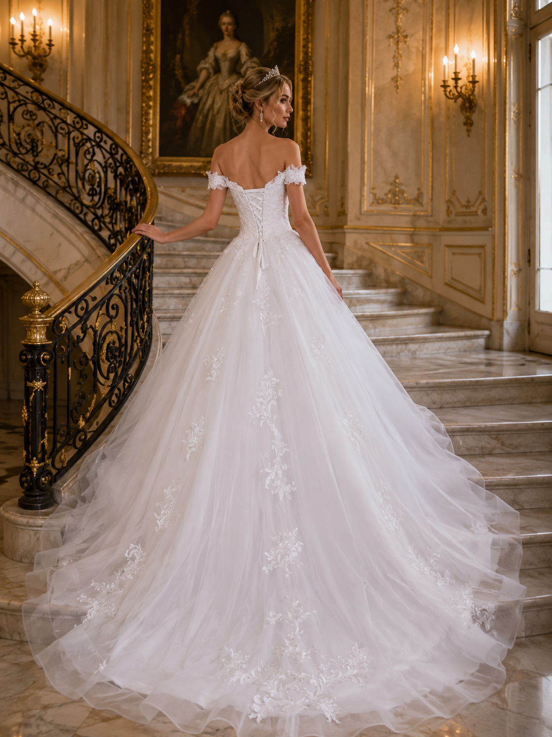 Ivory Tulle+lace a Line Wedding Dress with One Shoulder - back view