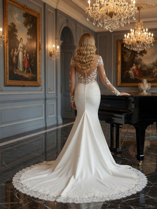 Ivory Satin Mermaid Silshousette Wedding Dress with One Shouder - back view