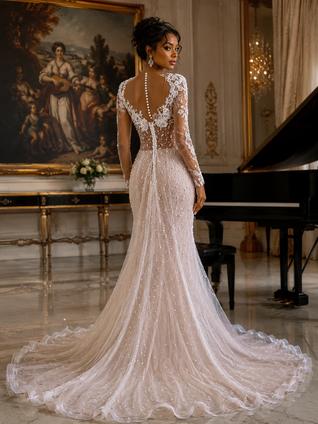 Ivory Tulle +lace Mermaid Wedding Dress with V Neckline - back view