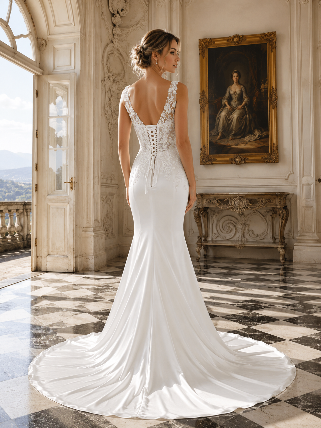 Ivory Satin Mermaid Silshousette Wedding Dress with V Neck Line - back view