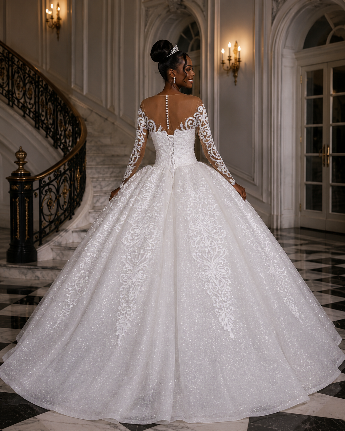Ivory Lace+tulle Ball Gown Wedding Dress with One Shoulder - back view