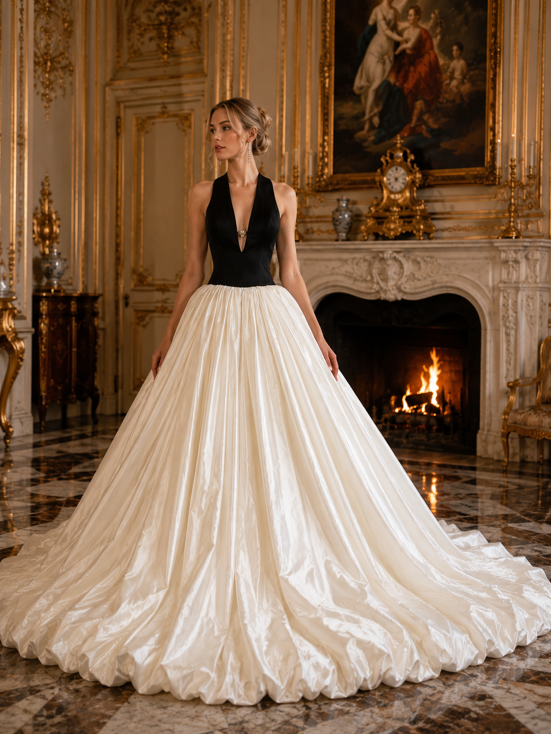 Ivory and Black Silk Velvet+Taffy Silk Ball Gown Wedding Dress with Deep V Neckline - front view