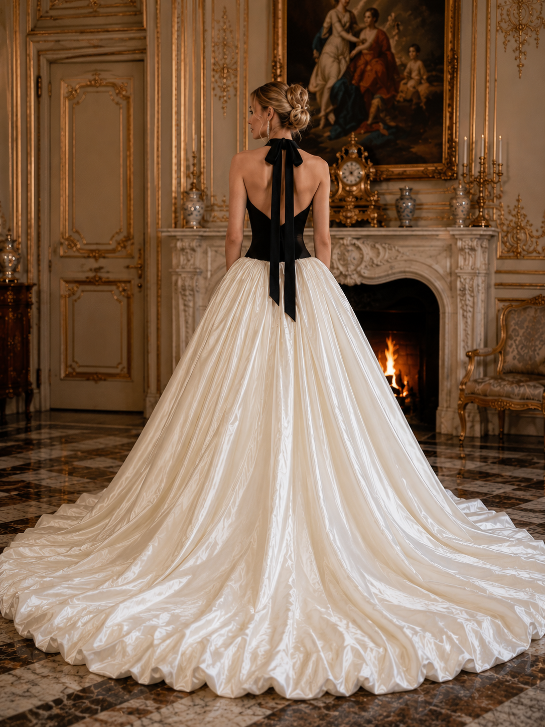Ivory and Black Silk Velvet+Taffy Silk Ball Gown Wedding Dress with Deep V Neckline - back view