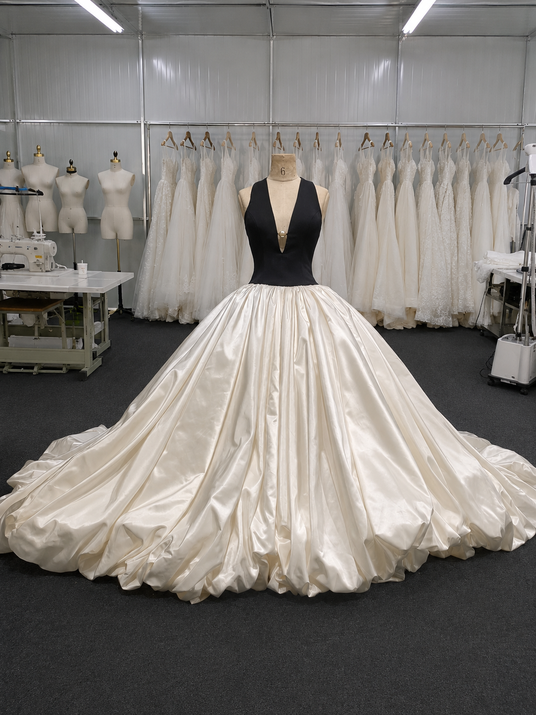 Ivory and Black Silk Velvet+Taffy Silk Ball Gown Wedding Dress with Deep V Neckline - front view