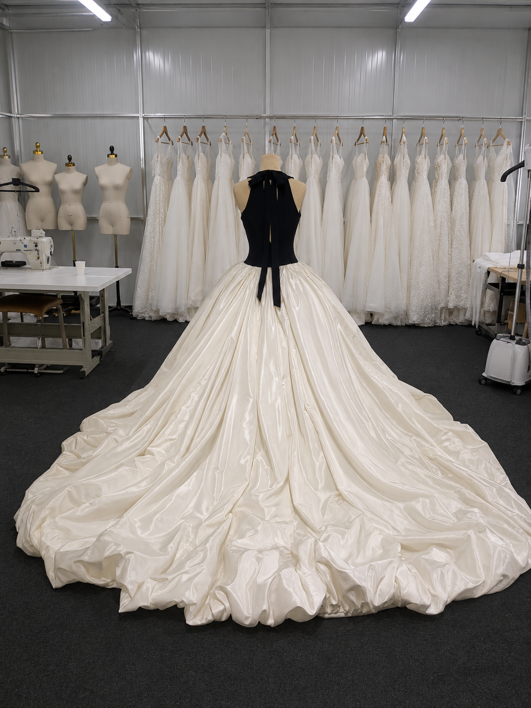 Ivory and Black Silk Velvet+Taffy Silk Ball Gown Wedding Dress with Deep V Neckline - back view
