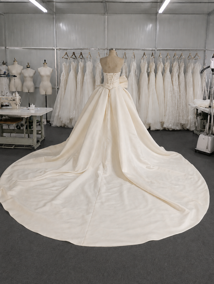 Ivory Satin A-Line Wedding Dress with LOW CUT - detail view