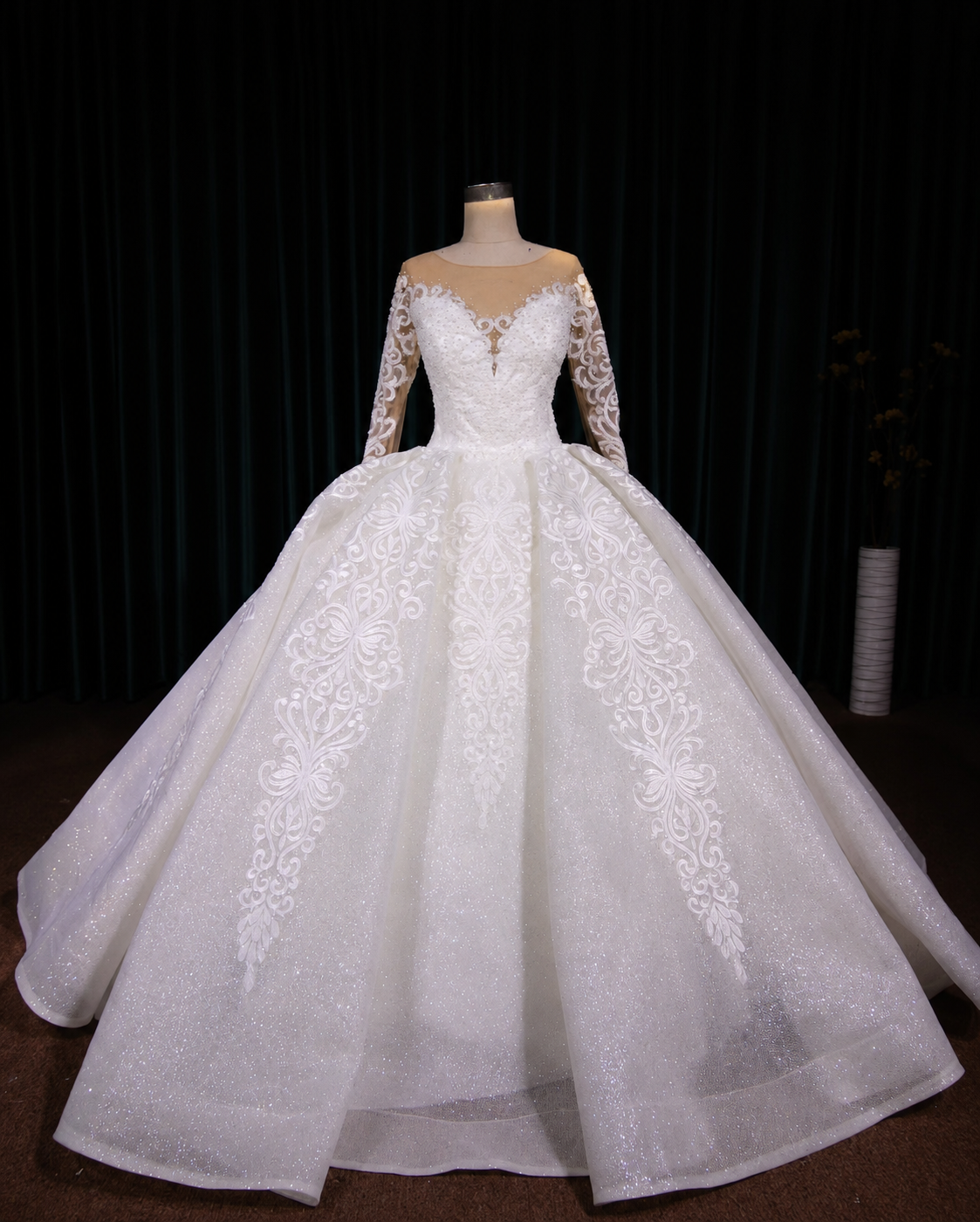 Ivory Lace+tulle Ball Gown Wedding Dress with One Shoulder - additional view