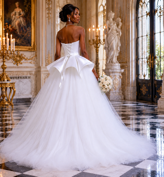 Ivory Satin+tulle Ball Gown Wedding Dress with One Shoulder - back view
